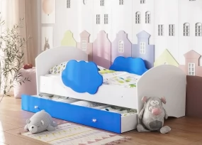 Детская кровать Тучка, белый + синий (с ящиком)