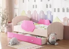 Детская кровать Тучка, дуб млечный + розовый (с ящиком)
